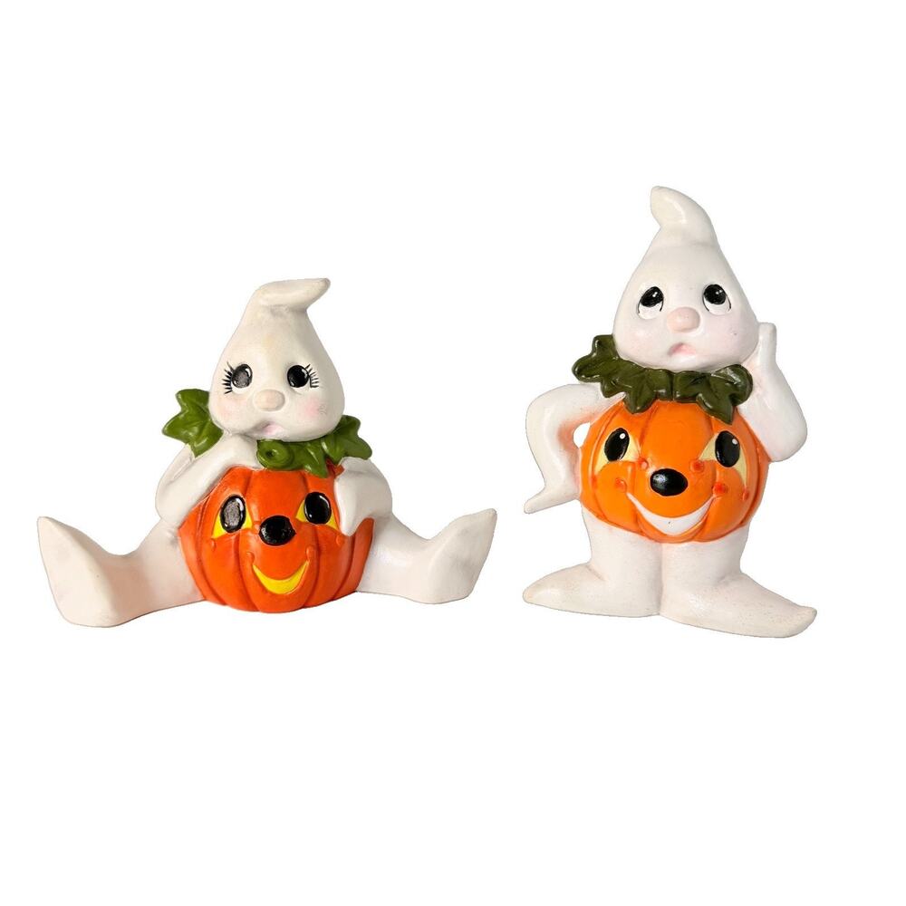 Vtg Ceramic Halloween Ghost Pumpkin Belly Figurine Anthropomorphic Set of 2